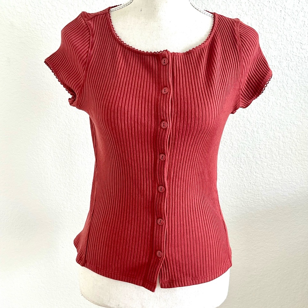 Free People Scarlet Ribbed Button-Down Top